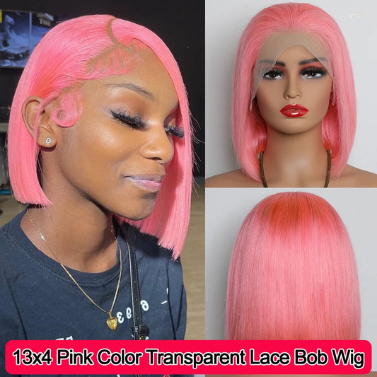 Hair Extensions and Wigs
Pink Color Short Straight Lace Bob Wig 180% Density 13x4 Transparent Lace Frontal Wig Brazilian Remy Put On Go Human Hair Wigs