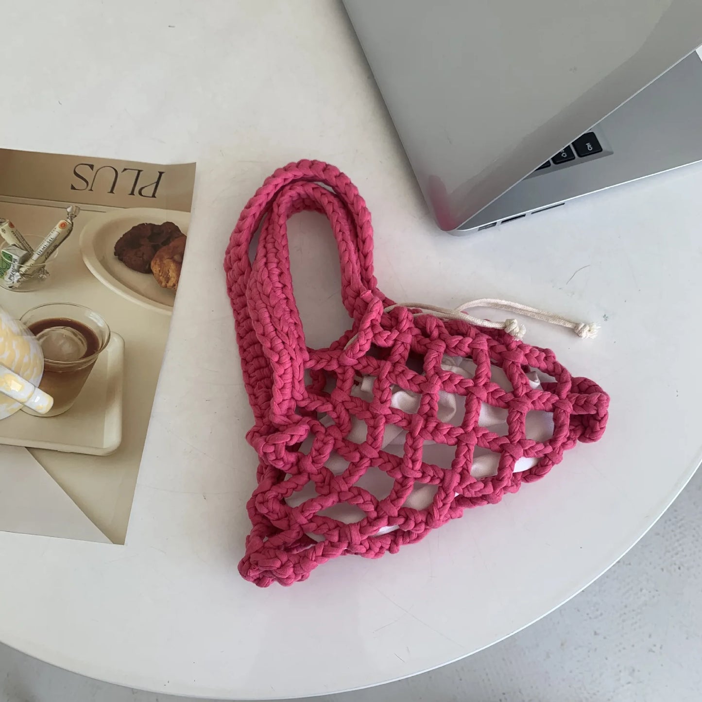 Handbags Mini Crochet Bag for Women 2024 Top Handle Purse and Handbag Girls Shopper Cotton Thread Cute Knitting Hollow Bucket Tote Bags