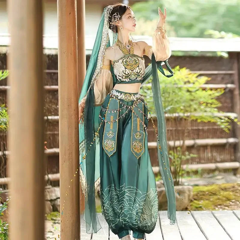 Exotic 
Chinese Style Girl Dunhuang Exotic Hanfu Top Pants Set Exquisite Embroidered Tassel Decorative Dance Performance Costume