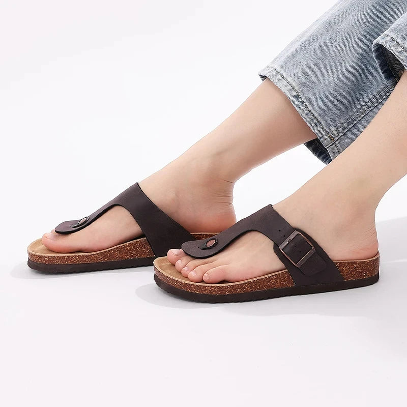 Flat Shoes Women  Cork Flat Sandals Summer Open Toe Slides Beach