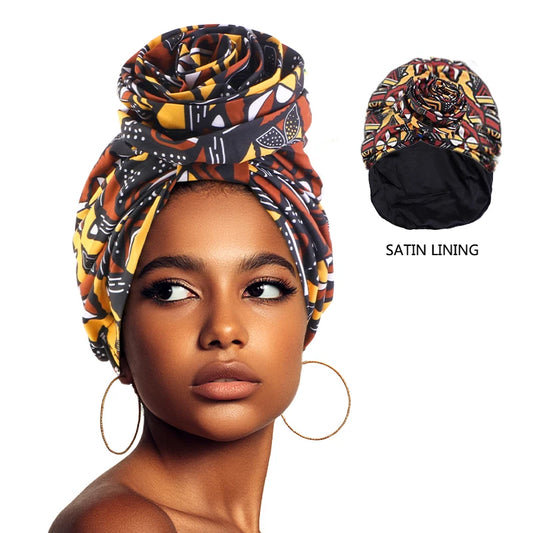 Elegant Look New Women African Print Stretch Bandana Head Wrap Satin Floral Ankara Dashiki Wedding Party Cap Beanie Muslim Hijab Bonnet