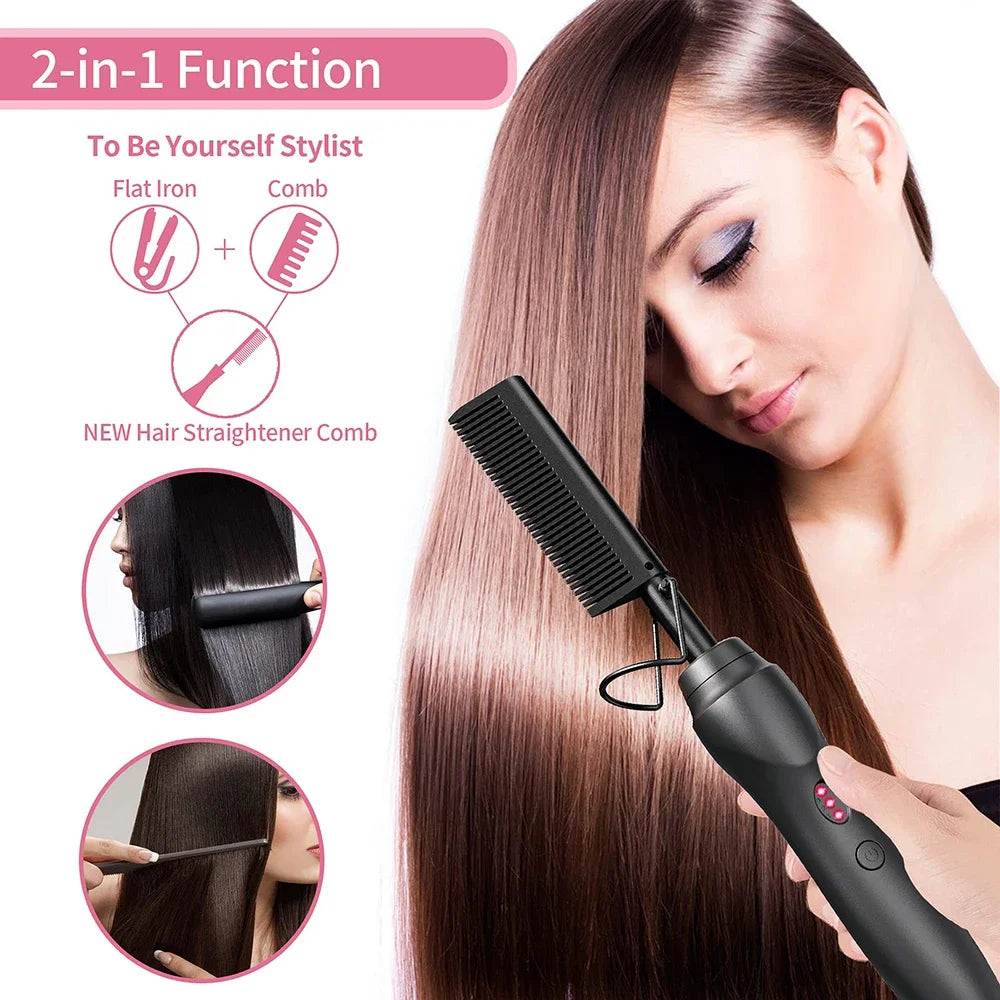 Hair Extensions and Wigs
Hot Comb Hair Straightener Heat Pressing Combs Portable Ceramic Curling Iron for Hair Beard Wigs Wet and Dry Hair Styling Tools