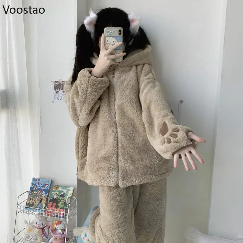 Winter Warm Sleepwear 
Autumn Winter Sweet Lolita Style Pajama Sets Women Kawaii Bear Ear Hooded Coral Fleece Warm Sleepwear Girls Cute Home Nightwear