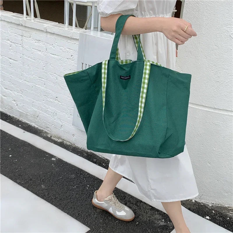 Travel Bag Women Canvas Shoulder Bags Plaid Double-side Large Capacity Handbags Female Shopping Portable Lazy All-match Foldable Tote Bag