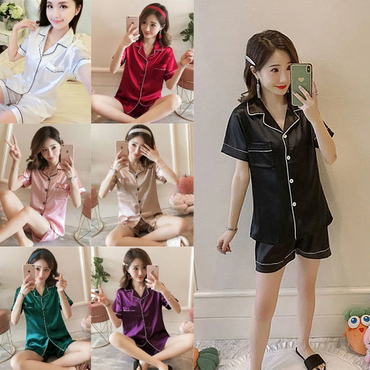 Pajama Sets 
2PCS/Set Plus Size Women Pajamas Simple Solid Buttons Cardigan Short-Sleeved Shorts Homewear Thin Section Ladies Fashion Outside