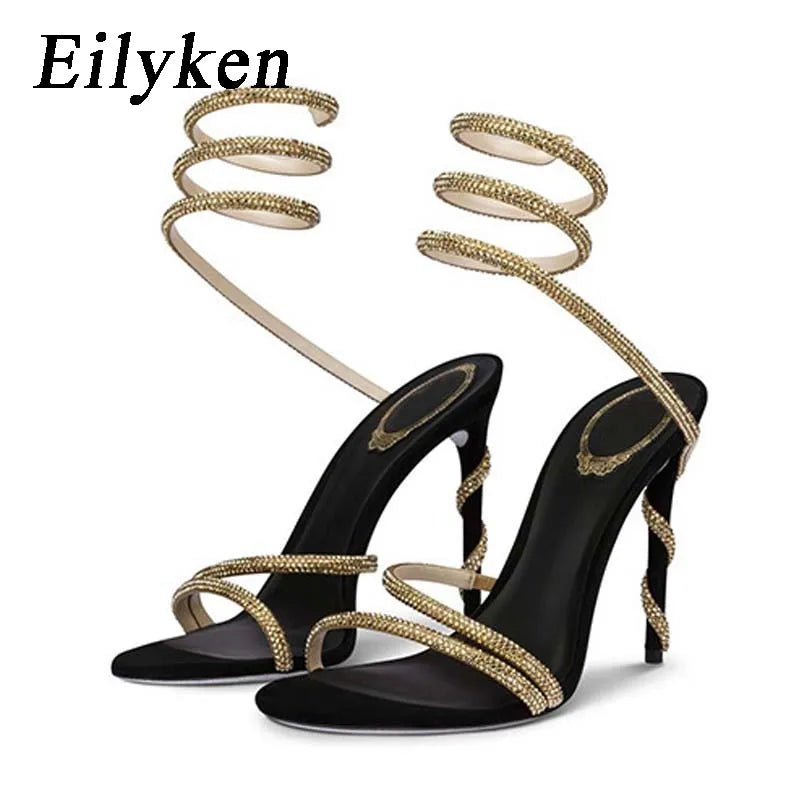 WOMEN SANDALS Crystal Rhinestone Open Toe Woman Sandals Design Sexy Thin High Heels Party Prom Shoes Fashion Ankle Strap  Pumps