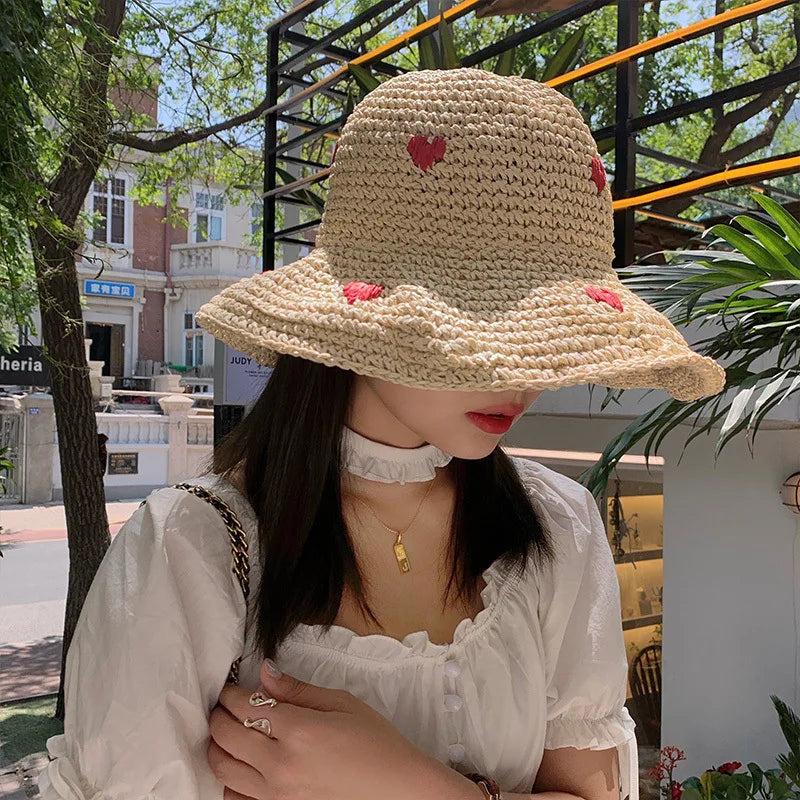 Hat Summer Hats for Women Sun Hat Beach Ladies Heart Womens Straw Hats Crochet Hat Panamas UV Protection Sun Visor Beach Hats