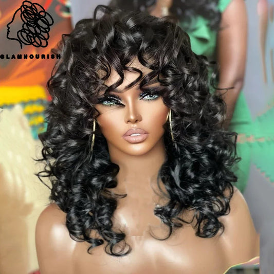 Hair Extensions and Wigs
Short Bouncy Curly Human Hair Wig With Bangs Easy to Wear Glueless Short Bob Curly Human Hair Wig Machine Made Afro Wig For Wome