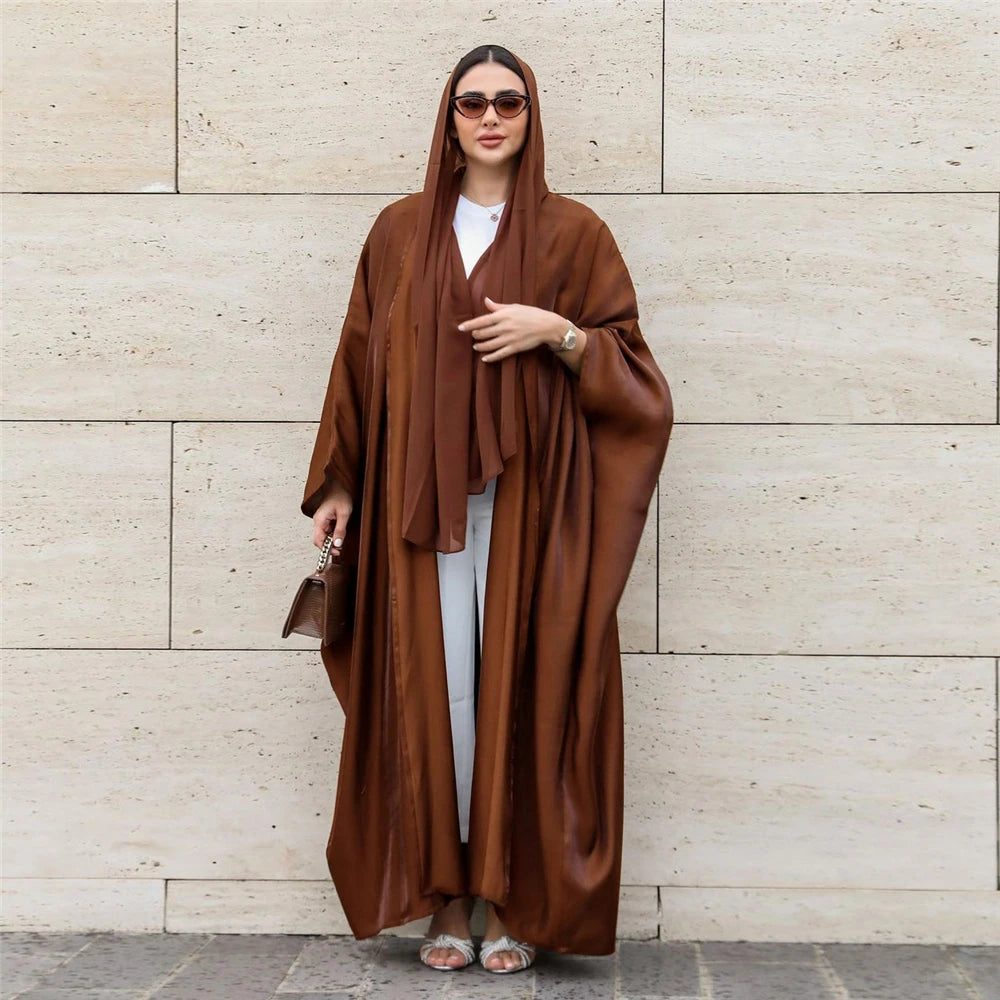 Modest Muslim Fashion Women Shiny Satin Maxi Dress Kaftan Turkey Robe Islamic Jalabiya Abaya Dubai Luxury Kimono Kebaya Djellaba