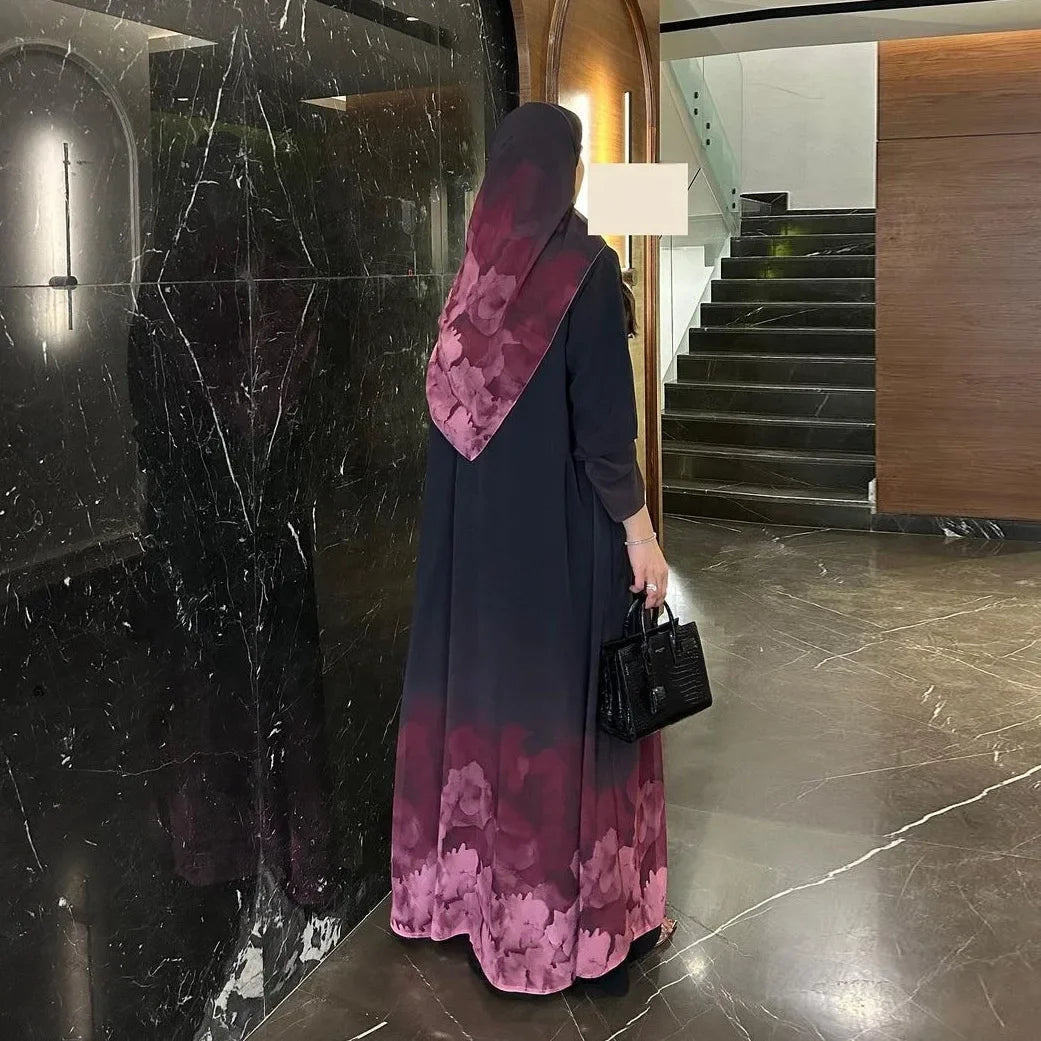 Elegant Abaya Dubai Women Luxury Printed Open Kimono Muslim Dresses With Scarf Modesty Robe Khimar Set Islamic Kebaya Clothing