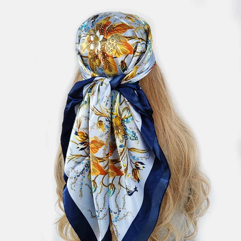 High Quality 90*90cm Hair Scarf Women Fashion Designer Beautiful Flowers Foulard Soft Satin Shawl Kerchief Square Silk Scarfs Neck Headscarf