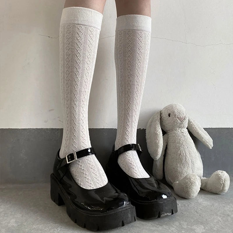 Stockings 
Japan Style High School Student Stockings Long Socks Solid Black White Summer Thin Woman Socks JK Costumes Girls Knee High Socks