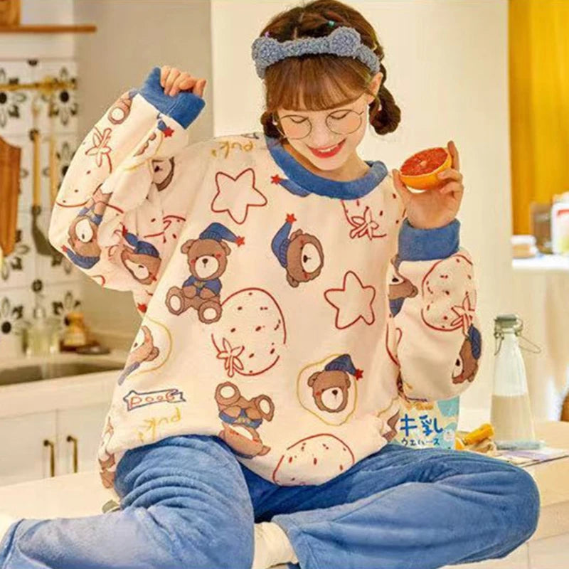 Winter Warm Sleepwear 
Winter Pajamas Set for Women Fashion Pullover Cute Soft Girl/kids flannel Pyjamas Set Warm Long-sleeved Trousers Two-piece Set