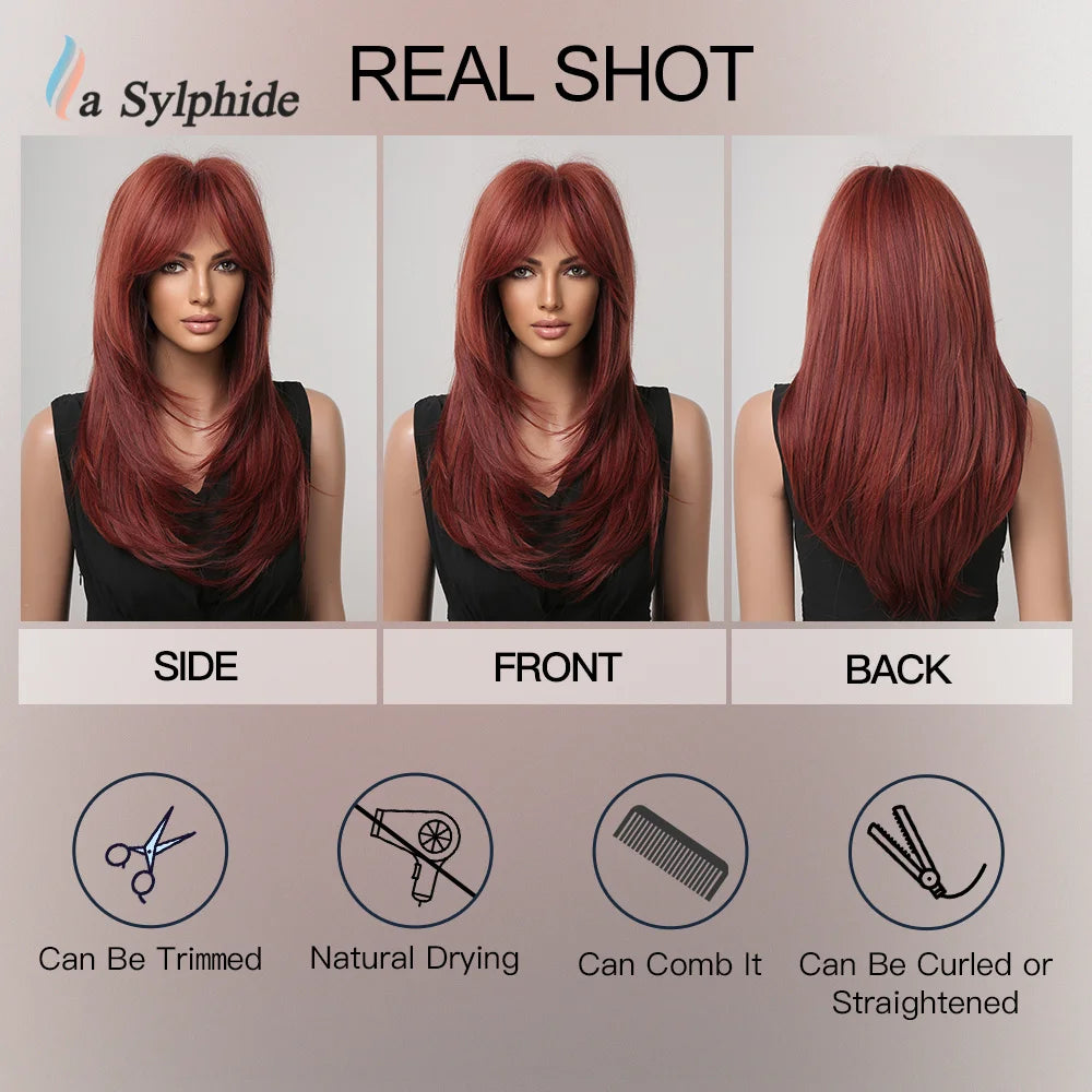 Hair Extensions and Wigs
La Sylphide Red Wig with Bangs Long Straight Good Quality Synthetic Wigs for Women Daily Natural Heat Resistant Hair