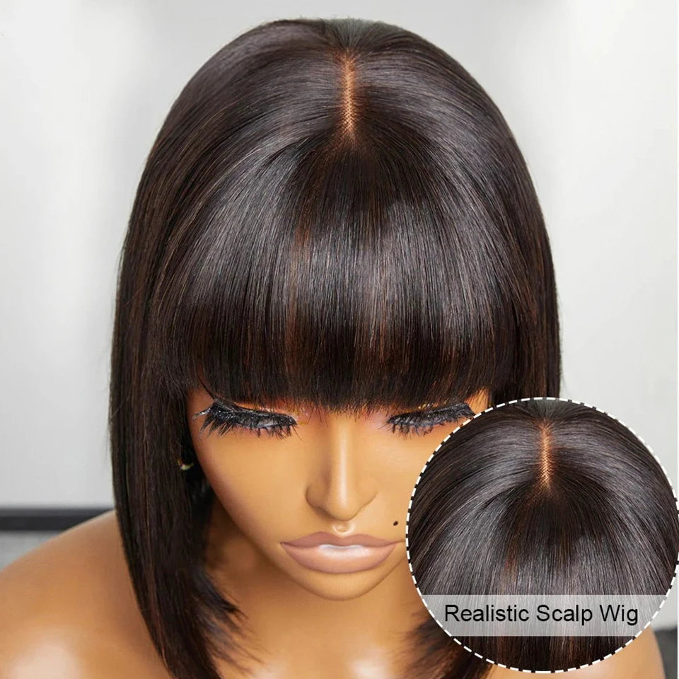 Hair Extensions and Wigs
Brazilian Straight Bob Lace Wigs Glueless Straight Human Hair Wigs With Bangs Fringe Middle Part Bob Lace Wigs Realistic Scalp