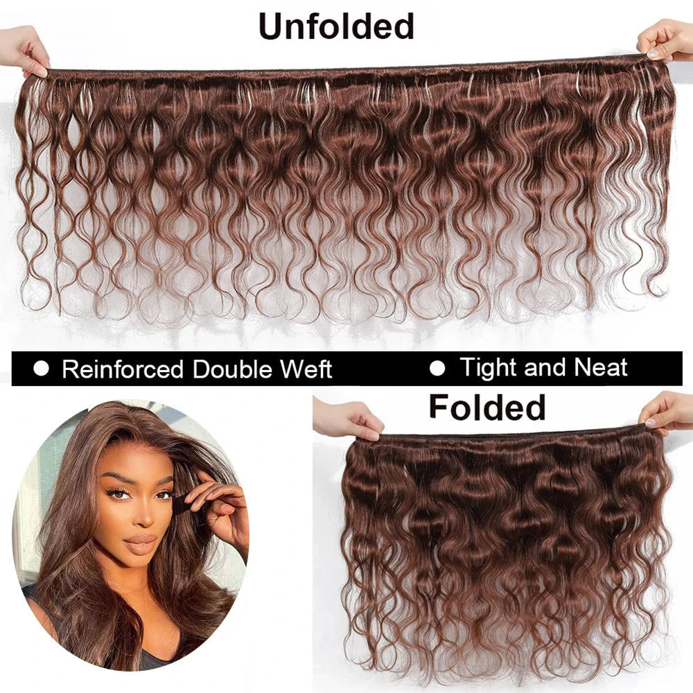 Hair Extensions and Wigs
Chocolate Brown Human Hair Bundles With Closure #4 Colored Human Hair Body Wave Bundles With 13x4 Lace Frontal Closure Extension