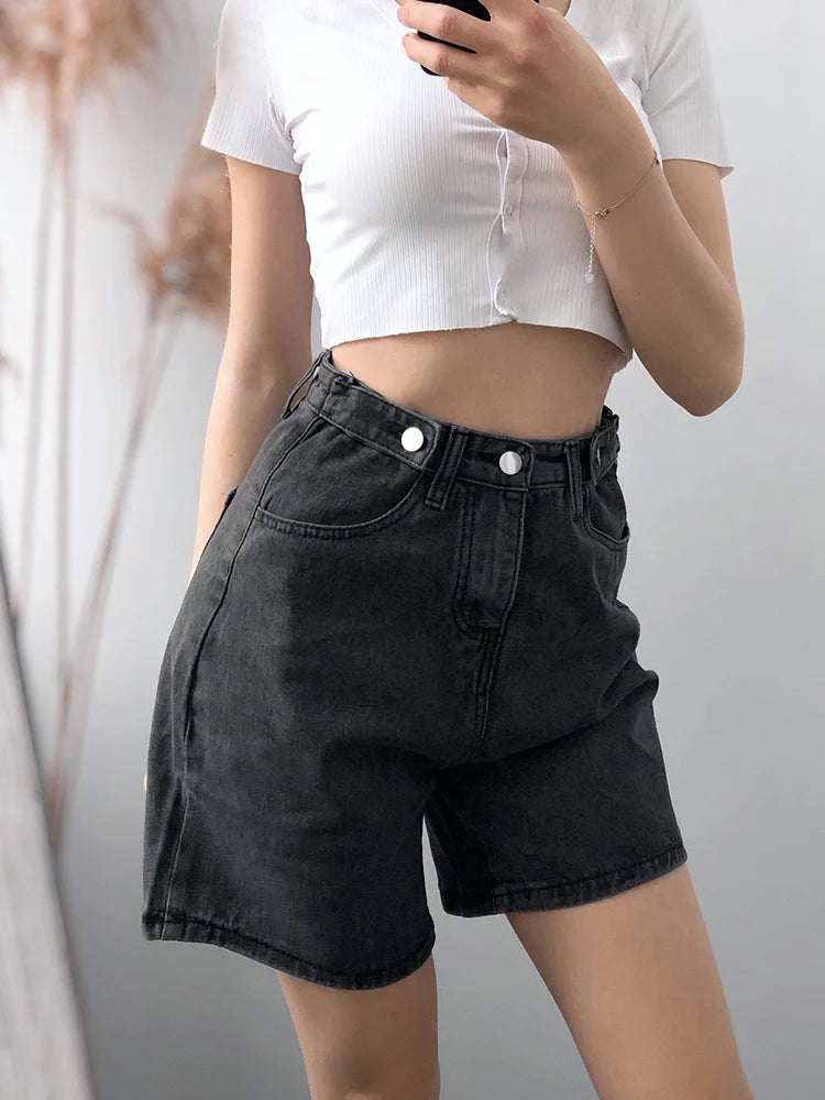 Shorts  New Summer Women High Waist Button Wigh Leg Jeans Shorts Casual Female Loose Fit Blue Denim Shorts