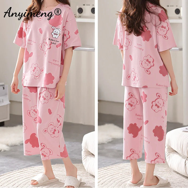 Pajama Sets 
Summer Women Plus Size Pajamas M-5XL Knee-length Casual Woman Sleepwear Big Size Ladies Elegant Floral Printing Pyjama Home Suit