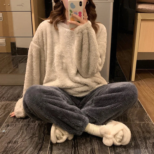 Winter Warm Sleepwear 
Winter Fleece Women Pajamas Set  Sleepwear Solid Velvet 2 Piece Pant Home Suit Fluffy Casual Warm Flannel Night Wear