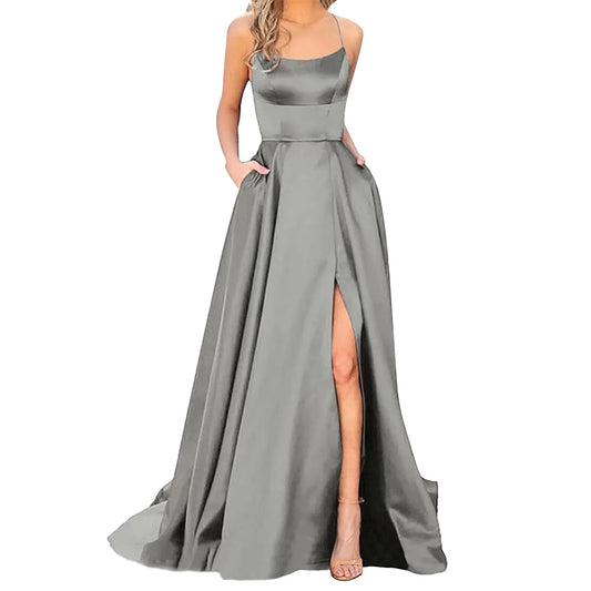 Prom Dresses Ladies Long Women Elegant Backless Long Dresses Crisn Satin Spaghetti Side Slit Wedding Evening Party Prom Dress