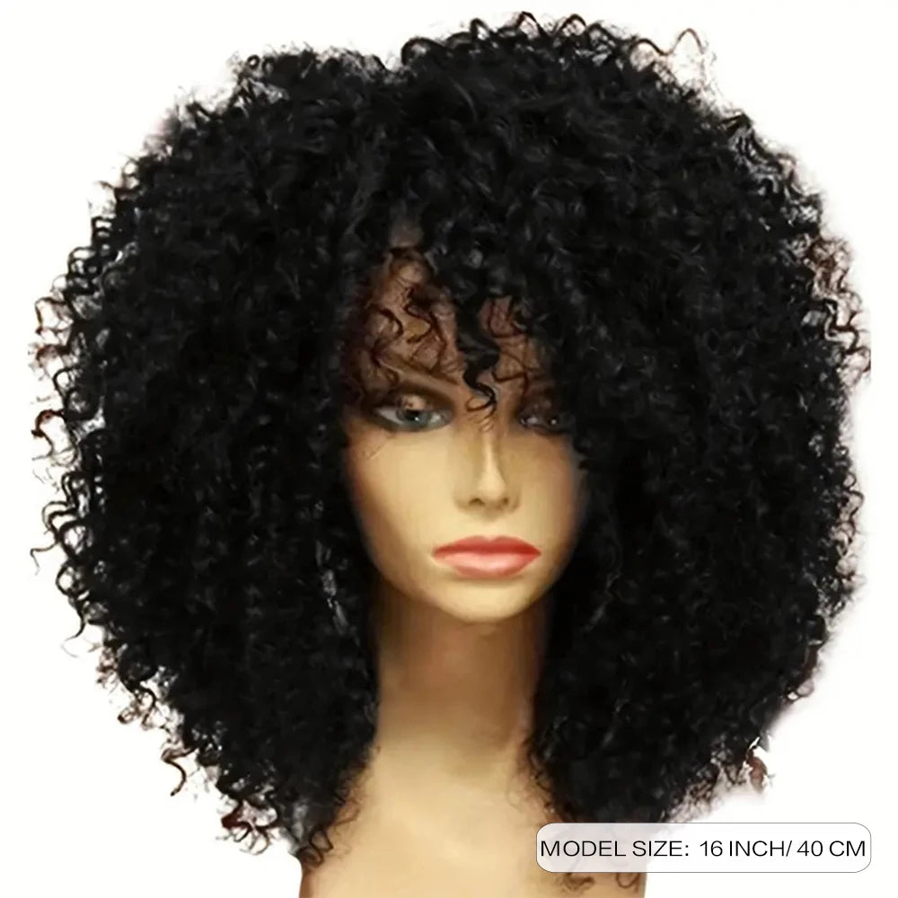 Hair Extensions and Wigs
16 Inch Afro Kinky Curly Hair Wigs With Bangs Soft Fluffy Synthetic Fiber None Lace Wigs For Party Cosplay Daily Use