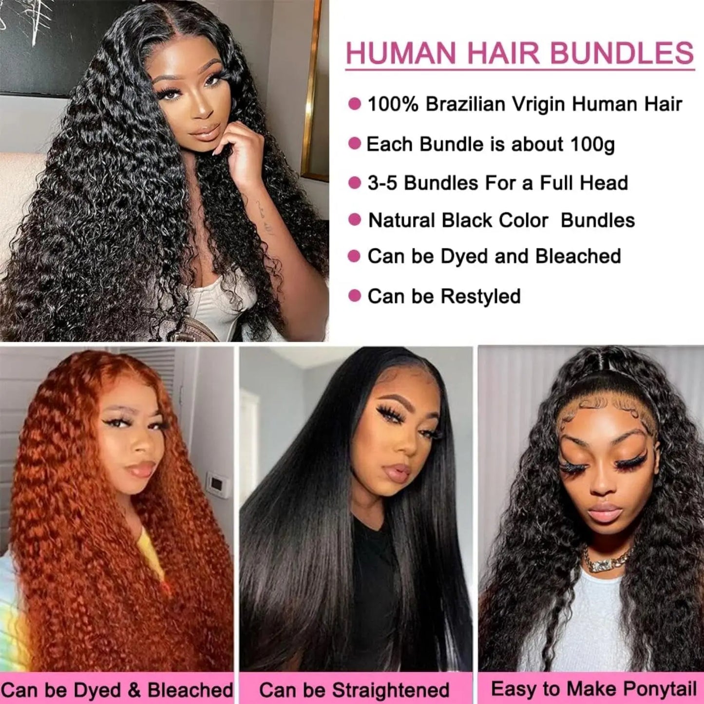 Hair Extensions and Wigs
Deep Wave Bundles With Frontal Brazilian Human Hair Extension 3 Bundles With 13x4 Lace Frontal Remy Hair Deep Curly Bundles Hair