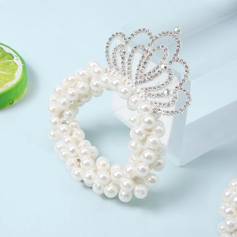 Elegant Look Rhinestone Crown Pearl Scrunchie Hair Tie Cute Bun Hair Rope for Girls High-End Light Luxury Princess Hair Accessories