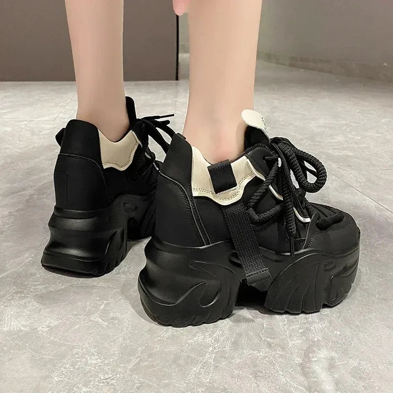 Sneaker women Walking Sneakers Autumn Lace-up High Platform Chunky Shoes Breathable Leather Shoes 10CM Winter Wedge Heels Casual Shoes