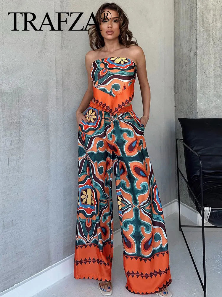 Pants Set Vintage Print Back Bow Tie Strapless Bustier Tops + Drawstring Trousers Female Chic Streetwear Pant Suits