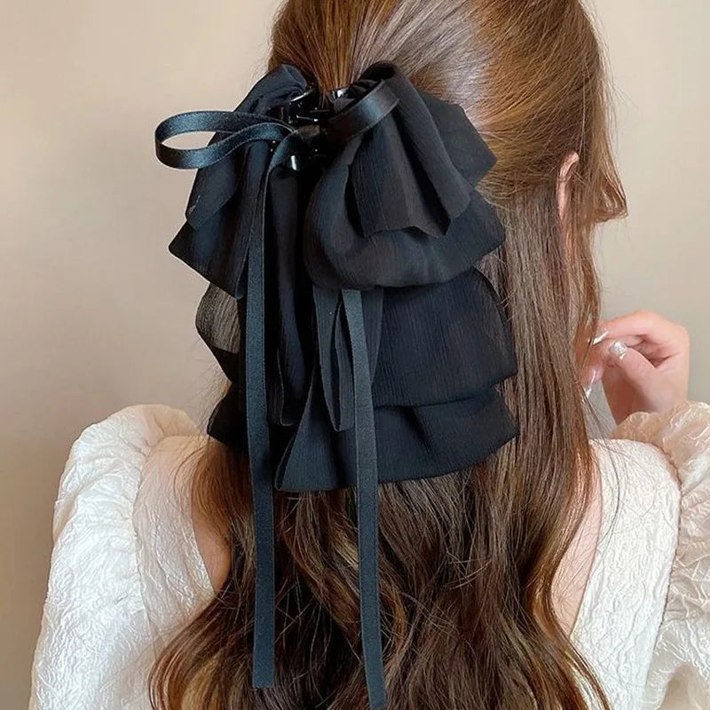 Elegant Look New Bow Floating Ribbon Grip Clip Girls Elegant Ponytail Braid Claw Clip Retro Luxury Female Hair Card Hair Accessories