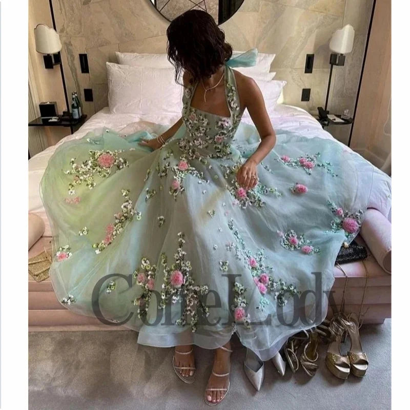 Comelody Formal Party Dresses For Women Saudi Arabric Halter Ribbons Floral Print Backleess Ankle-Length Prom Formal Evening