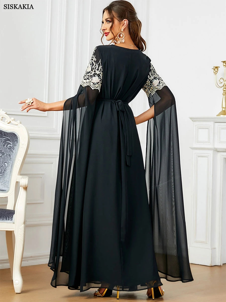 Siskakia Arab Mesh Embroidered Dress With Belt O-Neck Super Full Sleeves Stylish Abaya For Muslim Woman Moroccan Party Kebaya