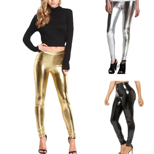 Exotic 
PU Faux Leather Leggings for Women Glitter Bright Metallic Gold Silver Trousers Sexy Shining Punk Pencil Pants