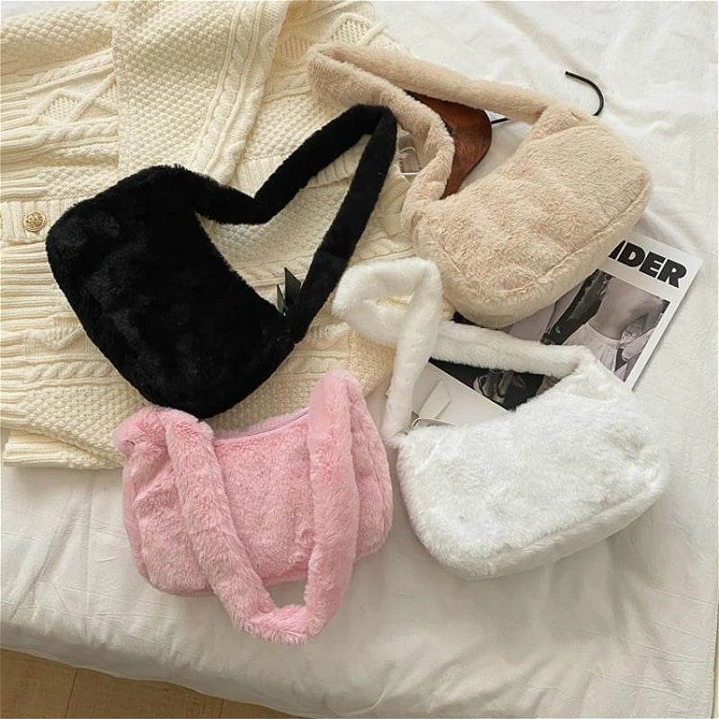 Handbags Simple Design Women Soft Plush Hobos Shoulder Bags Winter Furry Ladies Clutch Purse Handbag Fashion Female Underarm Bag