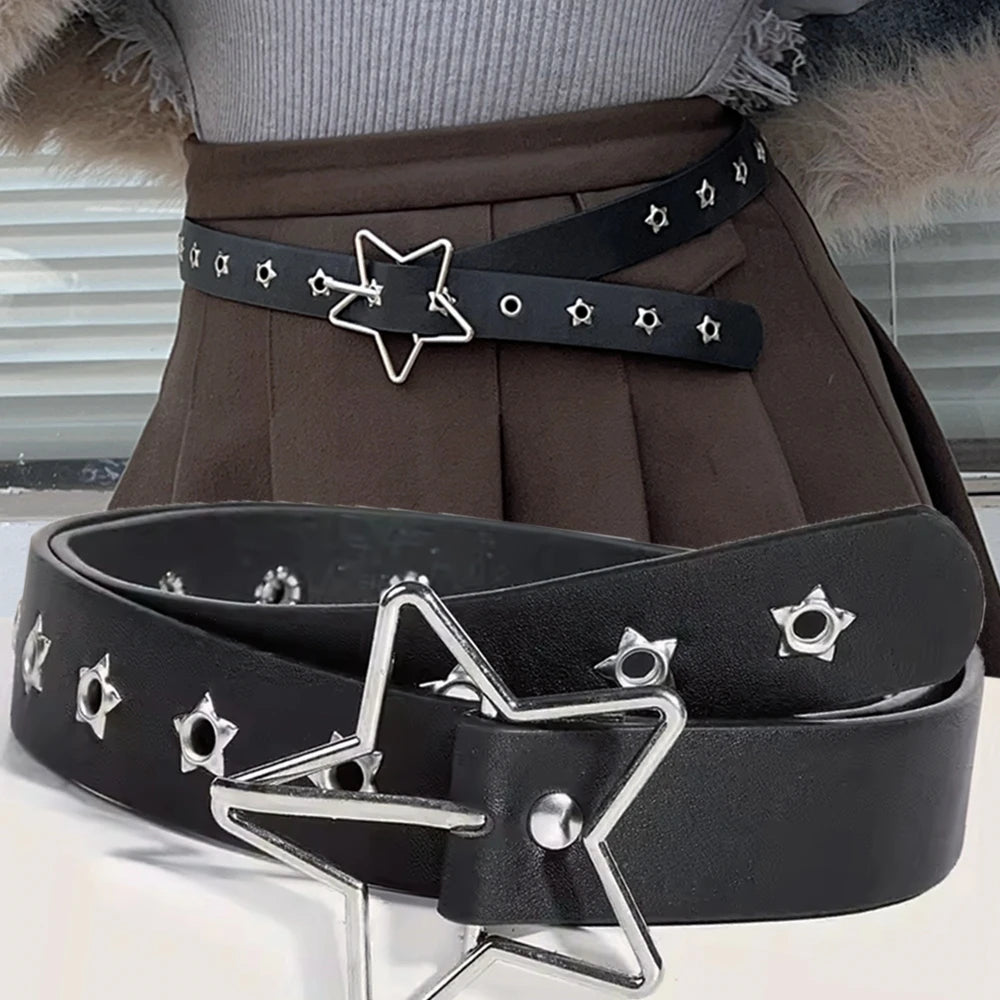 Belts Star Eye Rivet Belt Goth Style Double Pin Buckle Man/woman Fashion Casual Punk Style Pu Leather Waistband for Jeans Y2K Belt