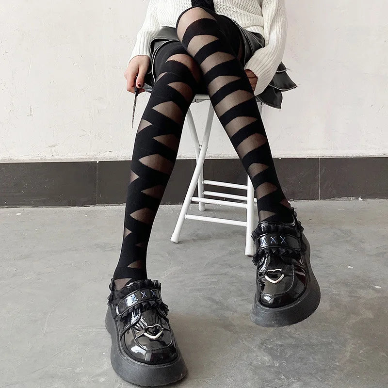 Tights 
Lolita Cute Long Tights Silk Socks Black White Sexy Stockings For Woman Pantyhouse Cross Stripe Summer Breathable Tights Ladies