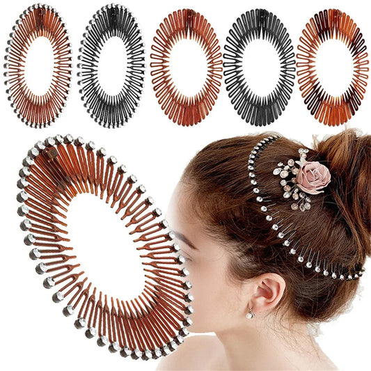 Elegant Look Fashion Elastic Flexible Comb Headband Luxury Rhinestone Heart Hairband Women Girls Fixed Hair Style Bun Headdress Accessories