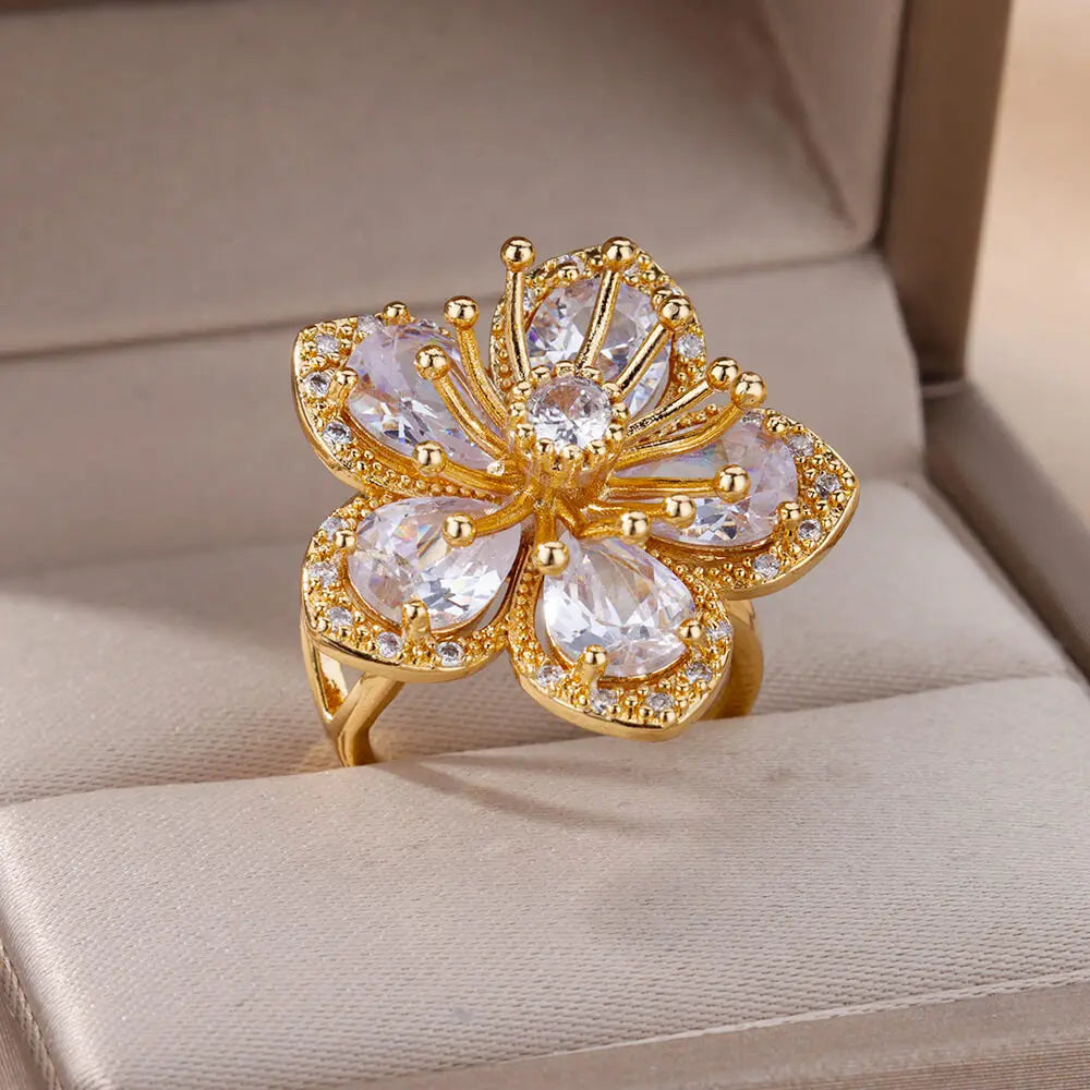 Luxury  Rings Pink Zircon Flower Rings for Women Gold Color Stainless Steel Ring 2024 Trend New in Elegant Luxury Aesthetic Jewelry anillos