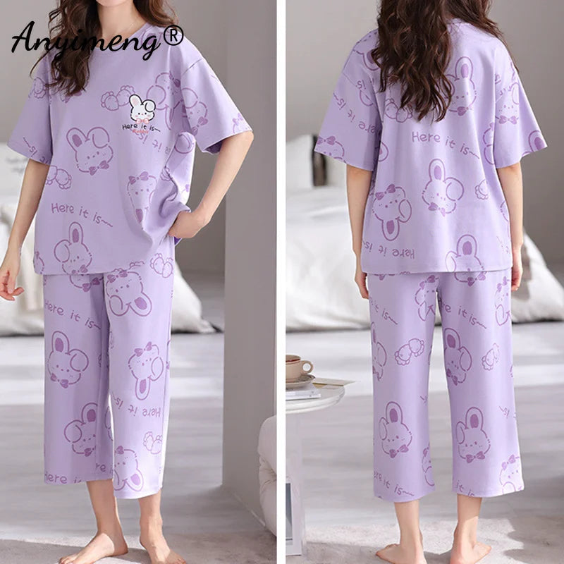 Pajama Sets 
Summer Women Plus Size Pajamas M-5XL Knee-length Casual Woman Sleepwear Big Size Ladies Elegant Floral Printing Pyjama Home Suit