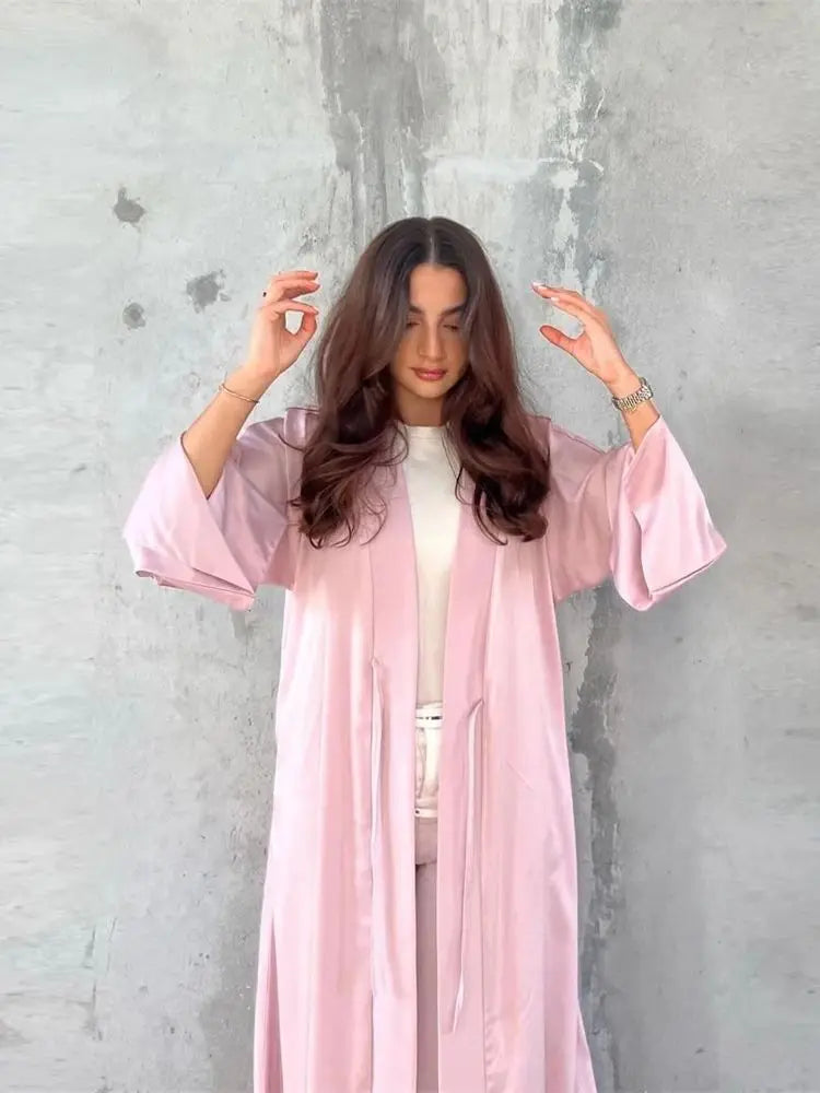 Eid Girl Open Modest Satin Kimono Pink Abaya Women Dubai Luxury Muslim Kaftan Dress Kebaya Robe Caftan Marocain Femme Musulmane