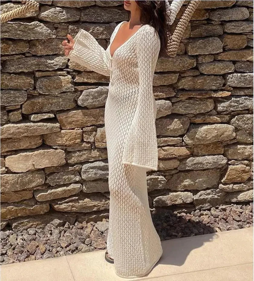 Knitted-Dress Sexy Women Long Knit Beach Dress Hollow-Out Deep