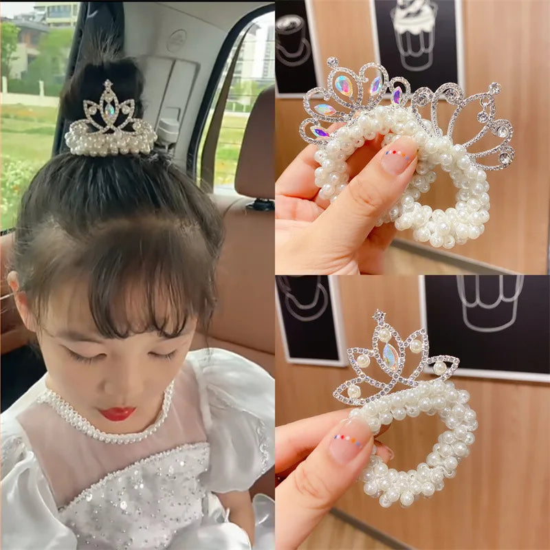 Elegant Look Rhinestone Crown Pearl Scrunchie Hair Tie Cute Bun Hair Rope for Girls High-End Light Luxury Princess Hair Accessories