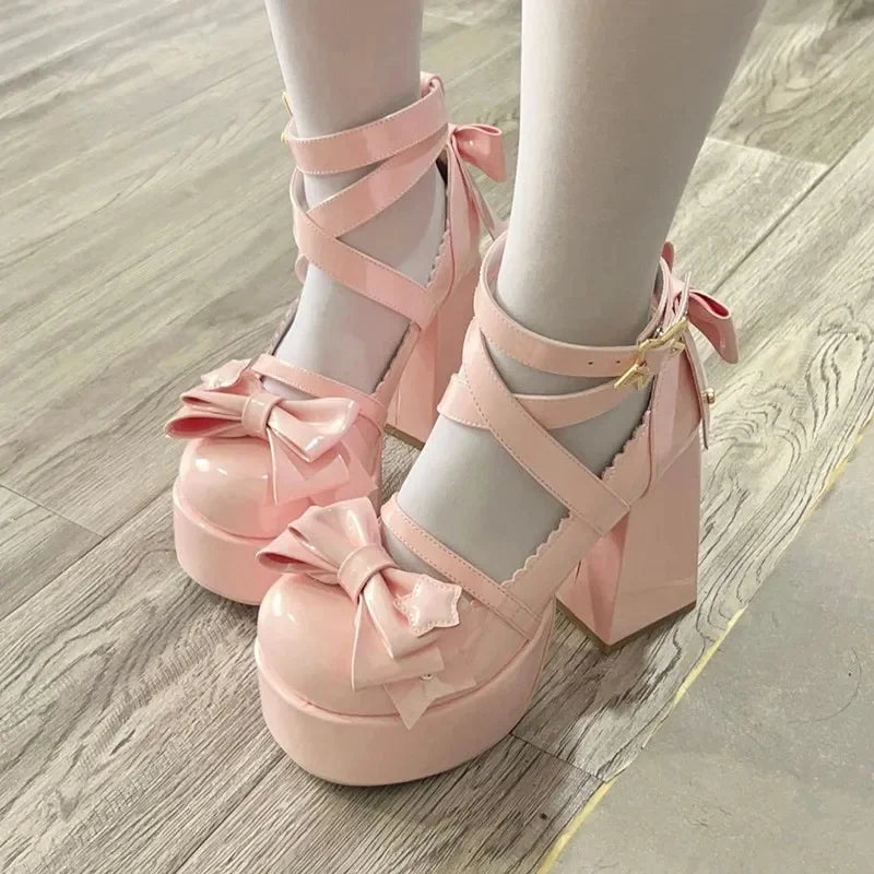 WOMEN SANDALS Lolita Shoes Women Mary Janes High Heels Shoes Chunky Sandals Summer Fashion Retro Bow Party Platform Pumps