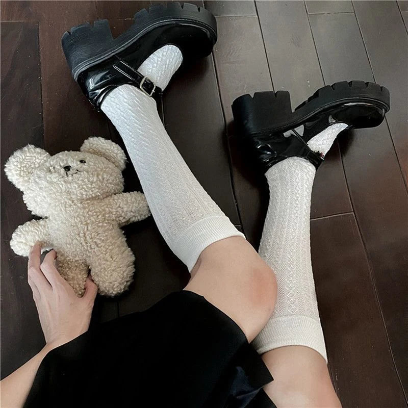 Stockings 
Japan Style High School Student Stockings Long Socks Solid Black White Summer Thin Woman Socks JK Costumes Girls Knee High Socks