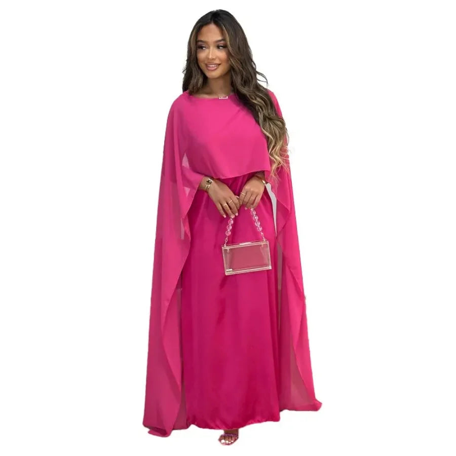 Women Elegant Solid Cocktail Maxi Dress Cape Sleeve Patchwork Formal Evening Party Wedding Long Dresses Women