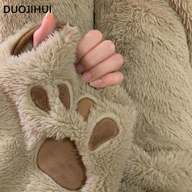 Winter Warm Sleepwear 
DUOJIHUI Hooded Winter Flannel Lovely Loose Female Pajamas Set New Simple Casual Fashion Print Thick Warm Soft Pajamas for Women