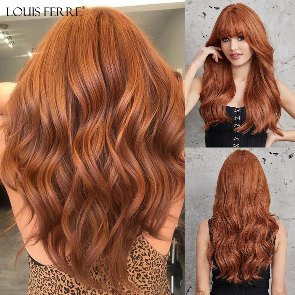 Hair Extensions and Wigs
LOUIS FERRE Red Brown Ginger Copper Synthetic Wigs Long Wavy Fake Hair With Bangs Daily Cosplay Women's Wigs Heat Resistant Hair