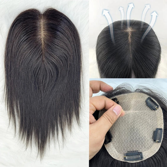 Hair Extensions and Wigs
16x18CM Virgin European Human Hair Topper Hand Tied Silk Top Toupee Silk Base Breathable Hair Piece with Clips for Women