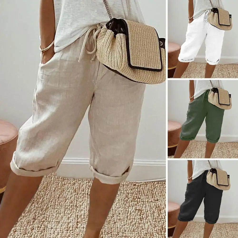 Shorts Vintage Style Loose Drawstring Knee-length Pants for Ladies Breathable Elastic Waist with Pockets A Wardrobe