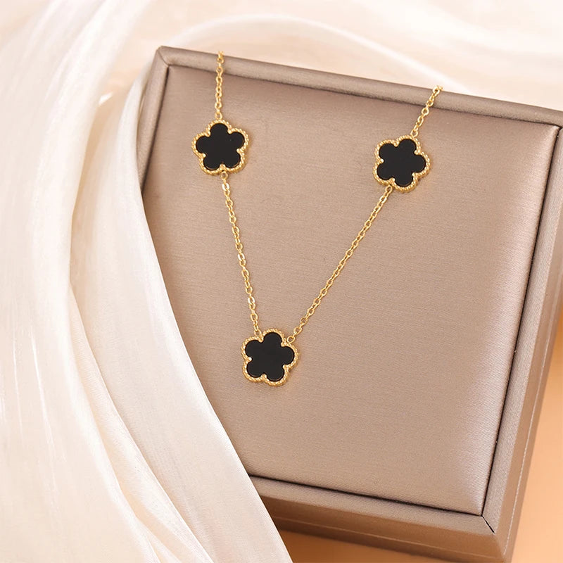 Necklaces Women 14K Gold Plated Stainless Steel Necklace Woman Five Leaf Petals Double Sided Necklaces for Women Pendant Flower Clover Jewelry